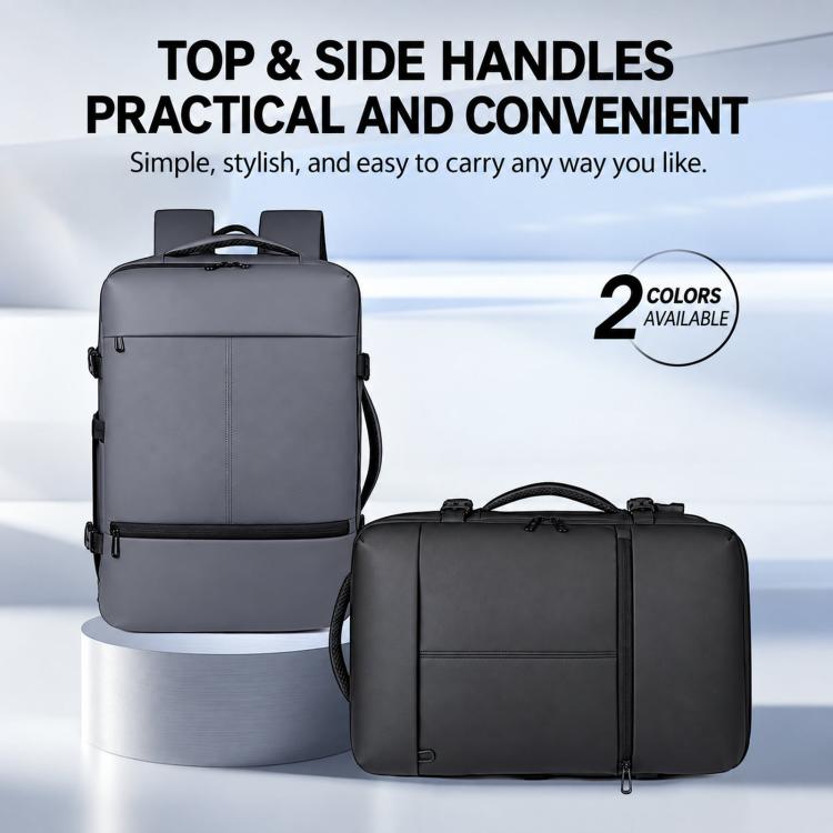 Expandable travel backpack with top and side handles, front zipper compartments