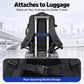 Black backpack with rear luggage strap and securing buckle for easy suitcase attachment