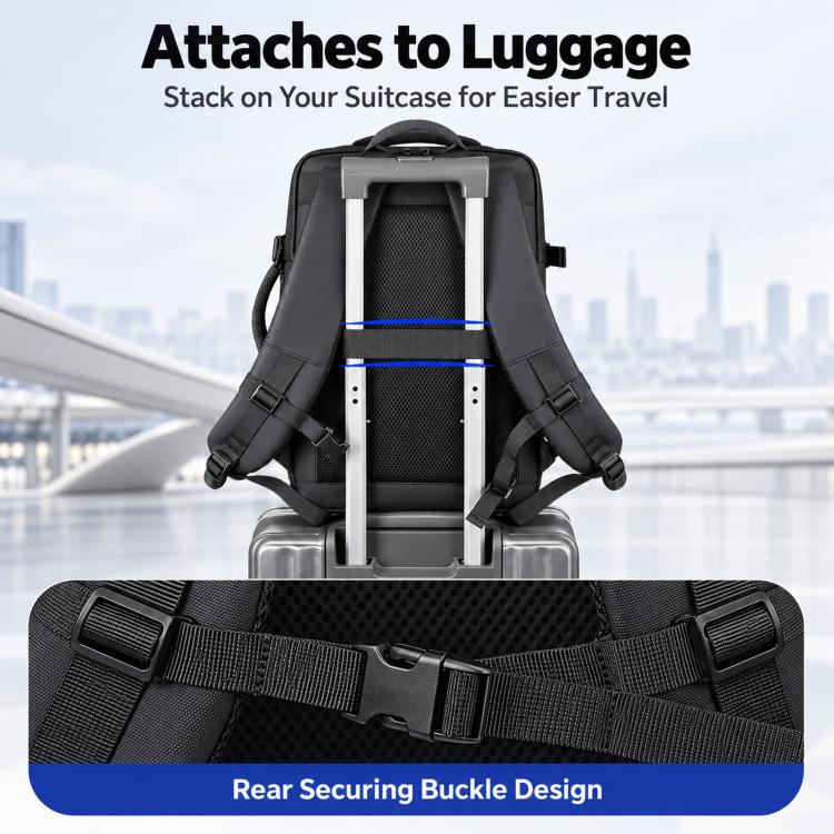 Black backpack with rear luggage strap and securing buckle for easy suitcase attachment