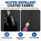 Water-repellent coated fabric backpack panels with textured weave and beaded water droplets