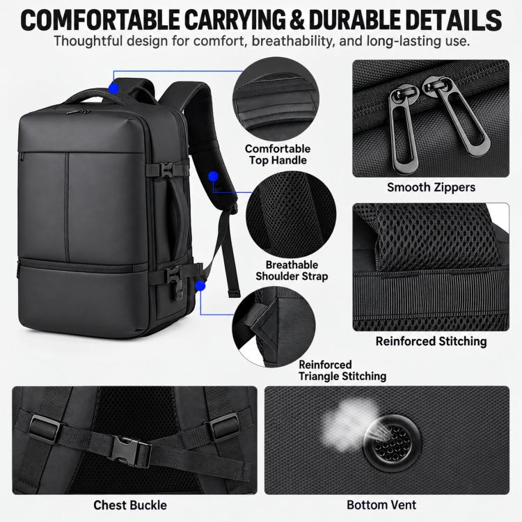 Black backpack with padded top handle, breathable straps, smooth zippers, reinforced stitching