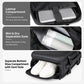 Black backpack interior with laptop compartment, wet/dry separation, and bottom shoe pocket