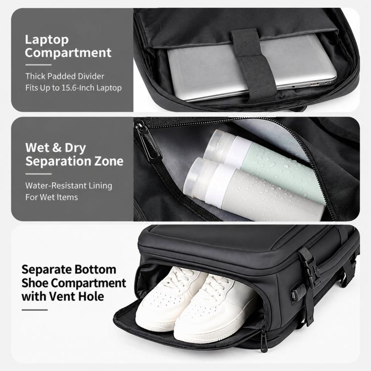 Black backpack interior with laptop compartment, wet/dry separation, and bottom shoe pocket