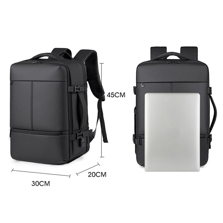 Black expandable backpack front and back views with grab handle and adjustable shoulder straps