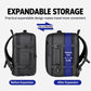Expandable storage backpack showing before-and-after expansion area