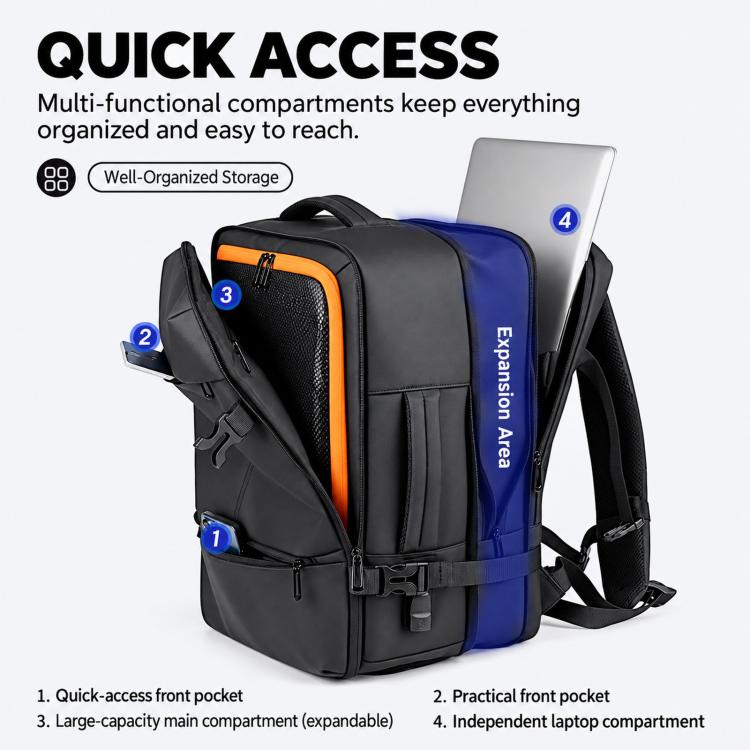 Expandable backpack with quick-access front pocket and independent laptop compartment
