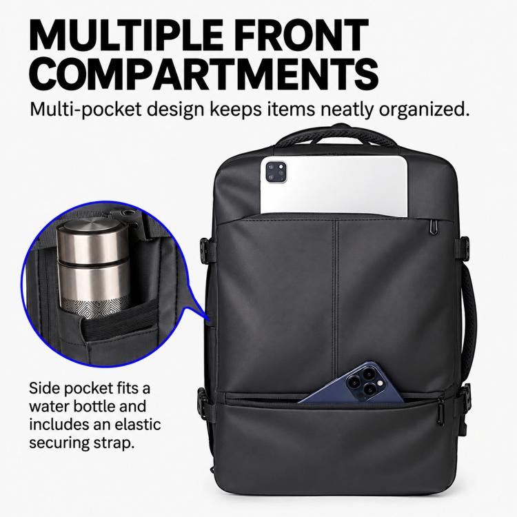 Backpack with multiple front compartments and side bottle pocket with elastic strap
