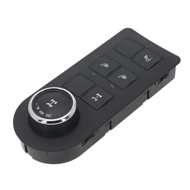 Black transfer case mode control module with round selector dial and six push buttons