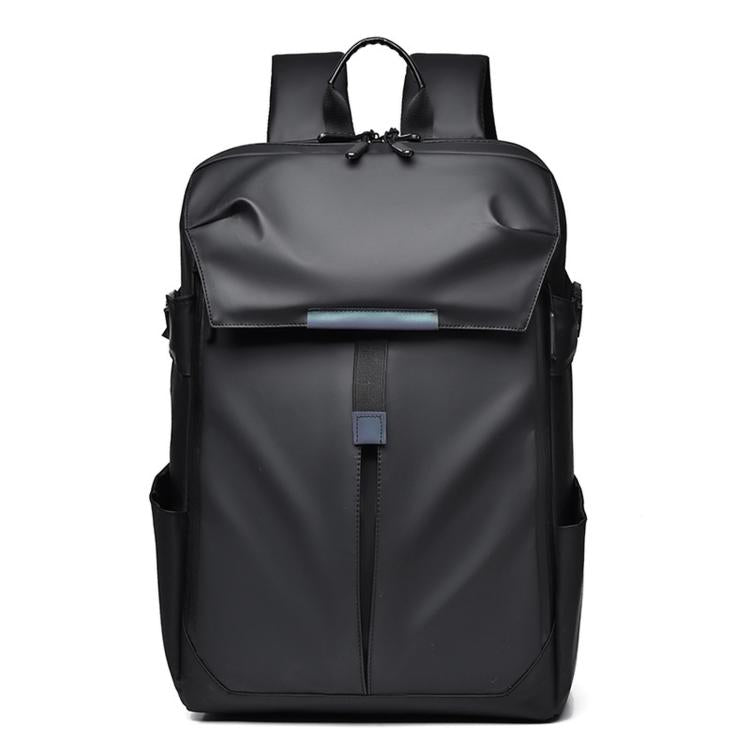 Black sports travel backpack with front organizer panel and padded laptop sleeve