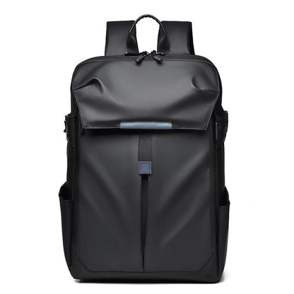 Black sports travel backpack with front organizer panel and padded laptop sleeve