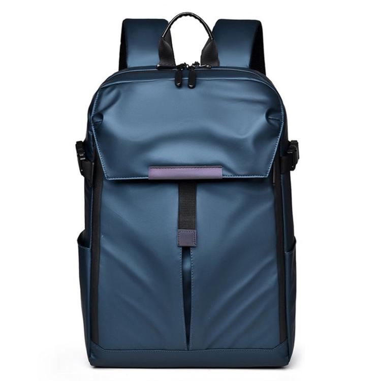 Blue sports travel backpack with front flap pocket and padded vertical laptop-style divider