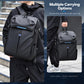 Black travel backpack worn on person with front flap pocket and side carrying straps