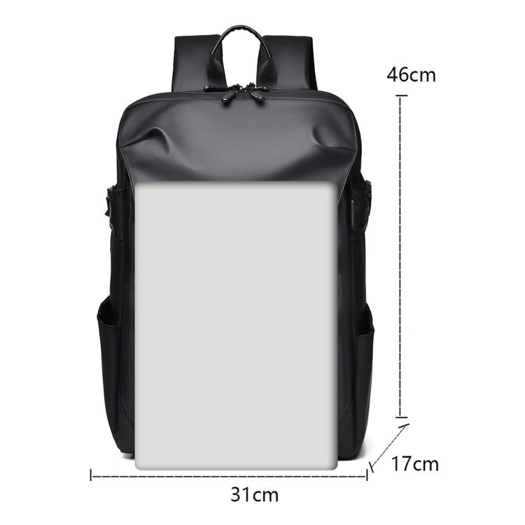 Black sports travel backpack with dimensions: 46cm height, 31cm length, 17cm width
