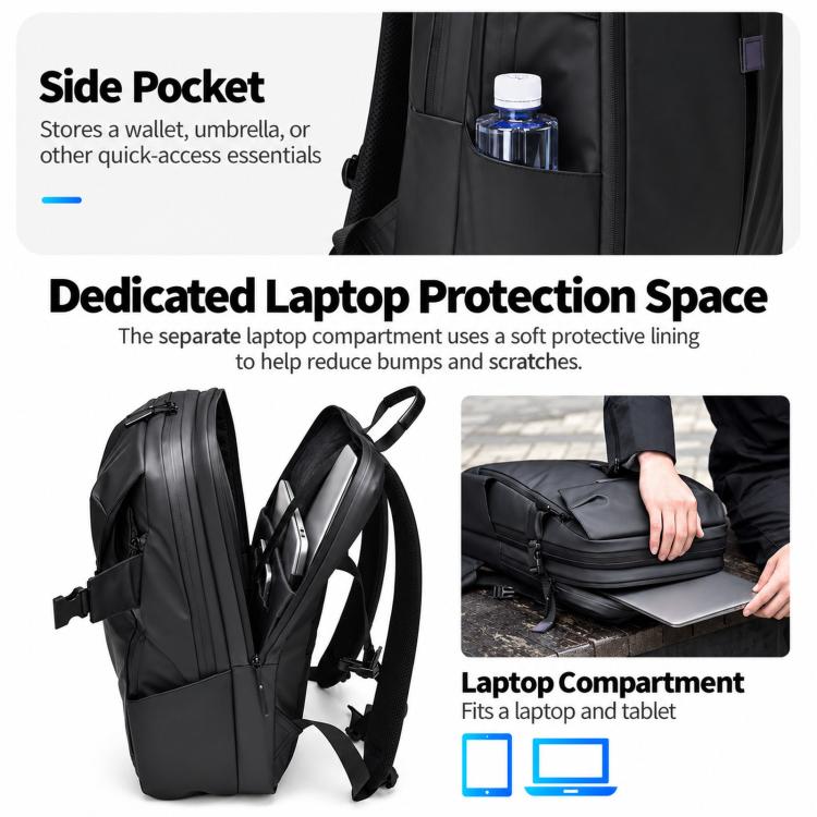 Black backpack with side pocket and dedicated padded laptop compartment for tablet