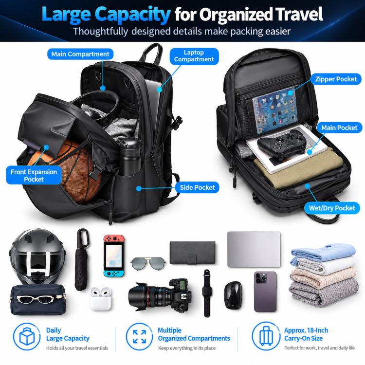 Black travel backpack with main compartment, laptop compartment, and front expansion pocket