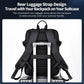 Black sports travel backpack with rear luggage strap for sliding onto a suitcase handle