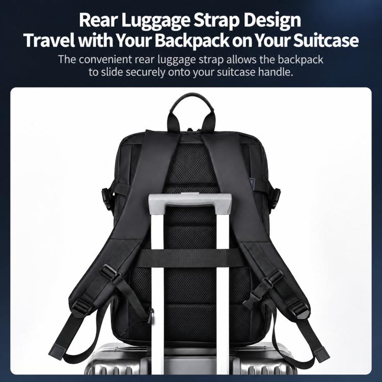 Black sports travel backpack with rear luggage strap for sliding onto a suitcase handle