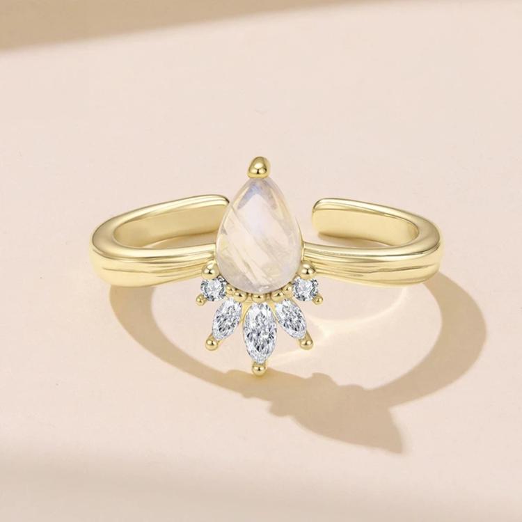 Copper Natural Teardrop Moonstone Crown Adjustable Opening Ring, YIR361-E