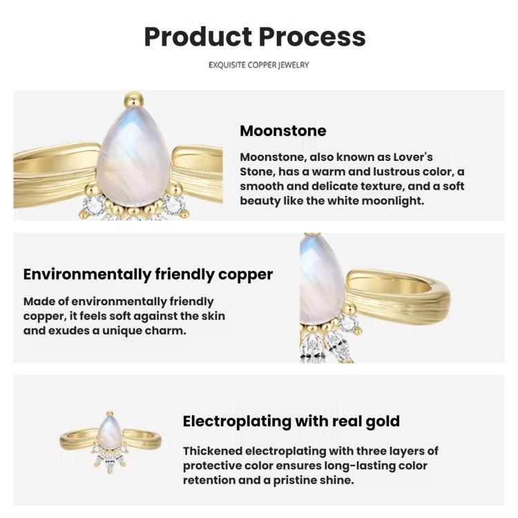 Copper Natural Teardrop Moonstone Crown Adjustable Opening Ring, YIR361-E