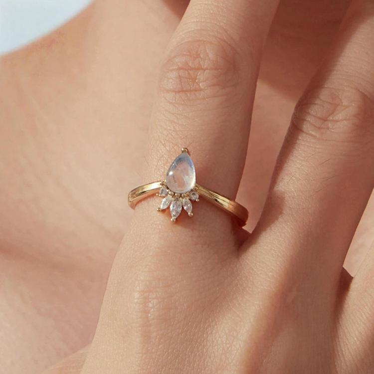 Copper Natural Teardrop Moonstone Crown Adjustable Opening Ring, YIR361-E