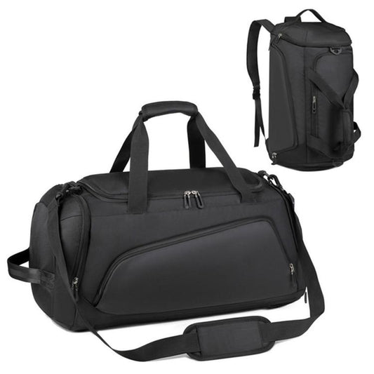 Black convertible travel duffel backpack with front zipper, top handle, and shoulder strap