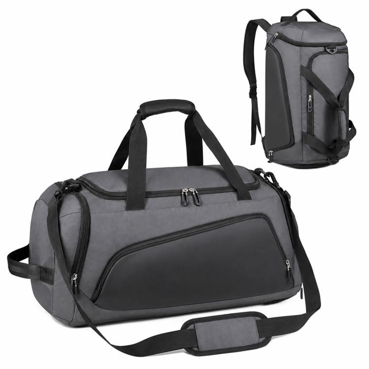 Gray convertible travel duffel backpack with front zipper, top handle, and shoulder strap
