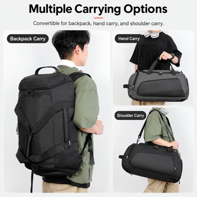 Black convertible duffel backpack with multiple carry positions and adjustable straps
