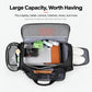 Black open travel duffel with zippered mesh top compartment and multiple interior pockets