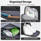 Black travel duffel with front slip pocket, side zipper pocket, wet/dry pocket, shoe compartment