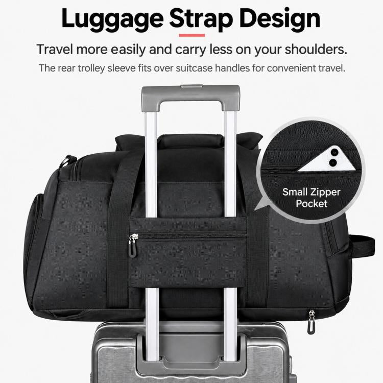 Black travel duffel with luggage strap, rear trolley sleeve, and padded top carry handle