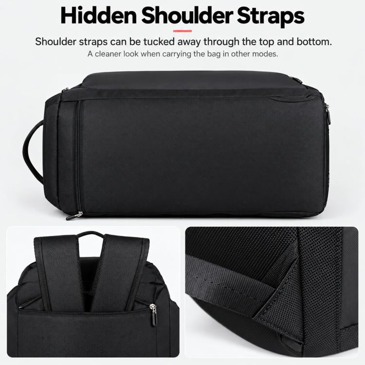 Black duffel bag with hidden tuck-away shoulder straps and front zipper pocket