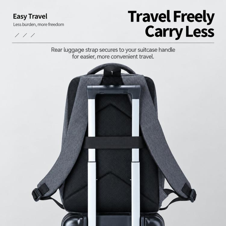 REMOID backpack rear with luggage strap for travel, adjustable back straps shown.