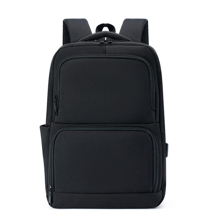 Black men’s business laptop backpack with front zip pocket and top handle