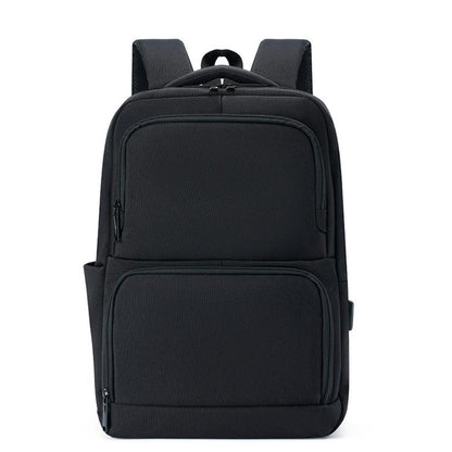 Black men’s business laptop backpack with front zip pocket and top handle