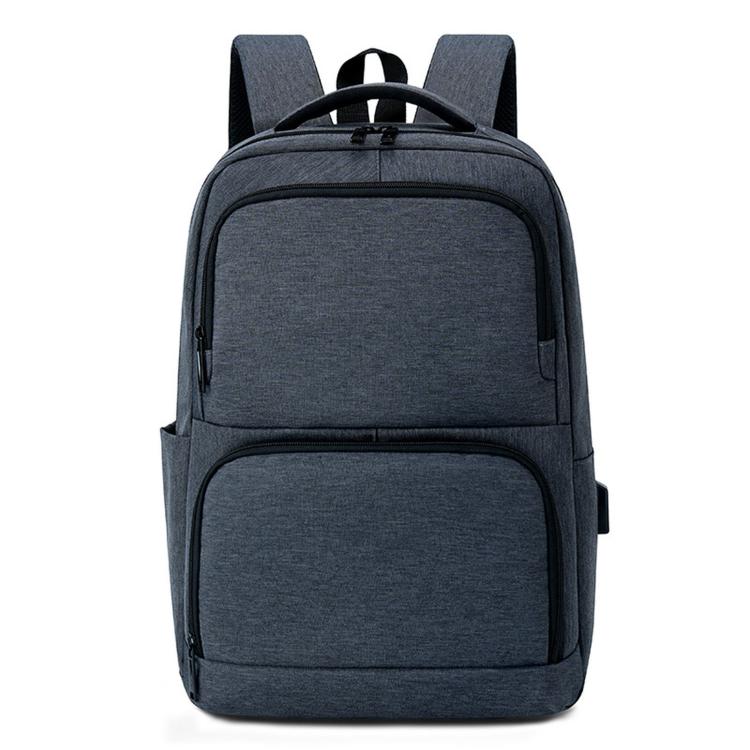 Gray men’s business laptop backpack with front zip pocket and padded front panel