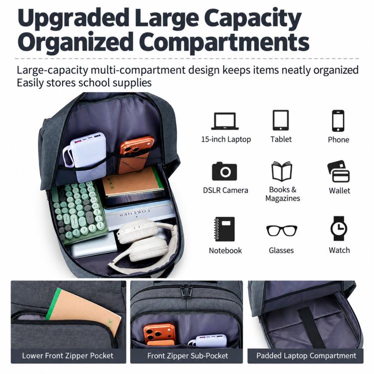 Gray laptop backpack with organized compartments and padded laptop sleeve