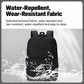 Black laptop backpack with water-splash pattern, zip front pocket, and padded back