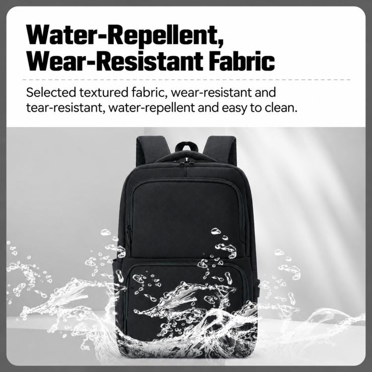 Black laptop backpack with water-splash pattern, zip front pocket, and padded back