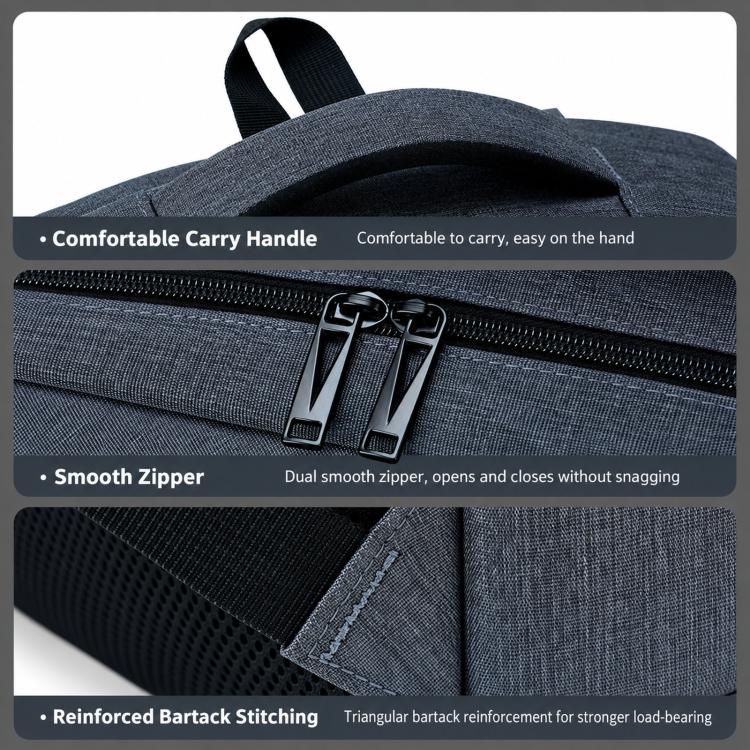 Gray laptop backpack detail view: carry handle, smooth dual zippers, reinforced stitching