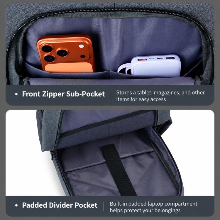 Gray backpack interior with front zipper sub-pocket, padded divider, and phone storage