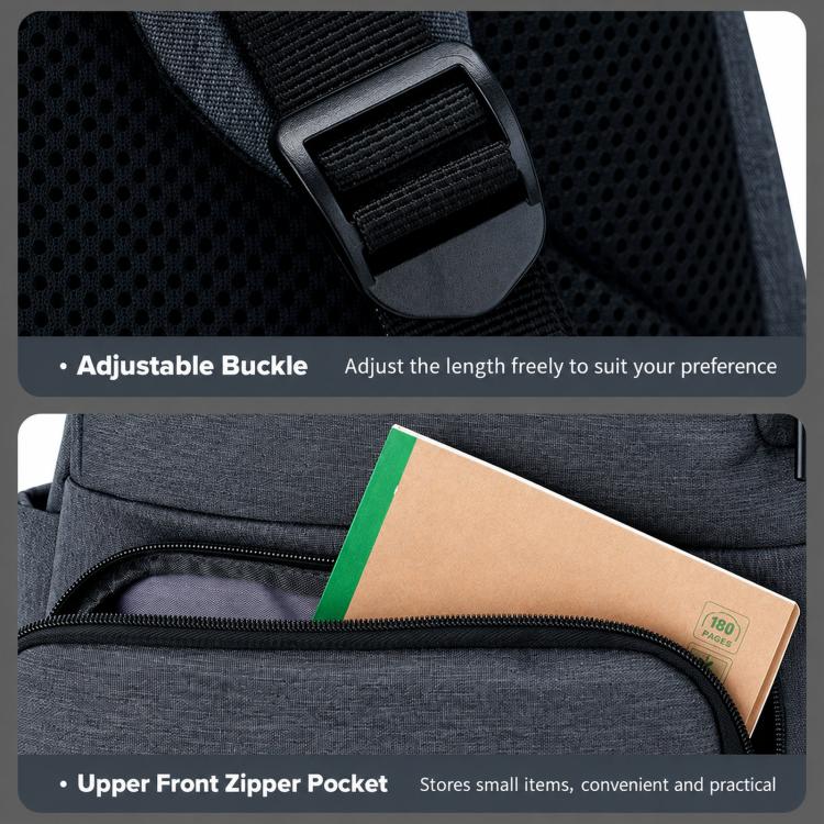 Gray laptop backpack close-up: adjustable buckle strap and upper front zipper pocket