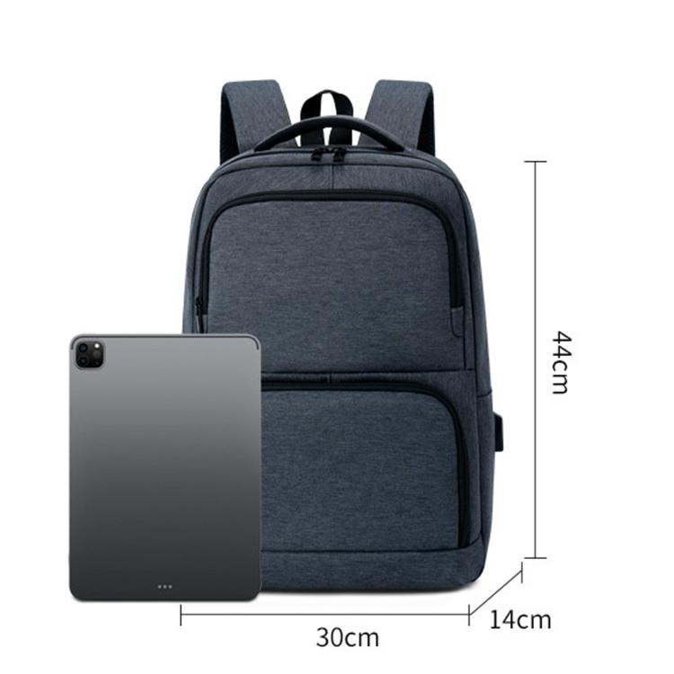 Gray laptop backpack with front zip pocket and dual padded shoulder straps