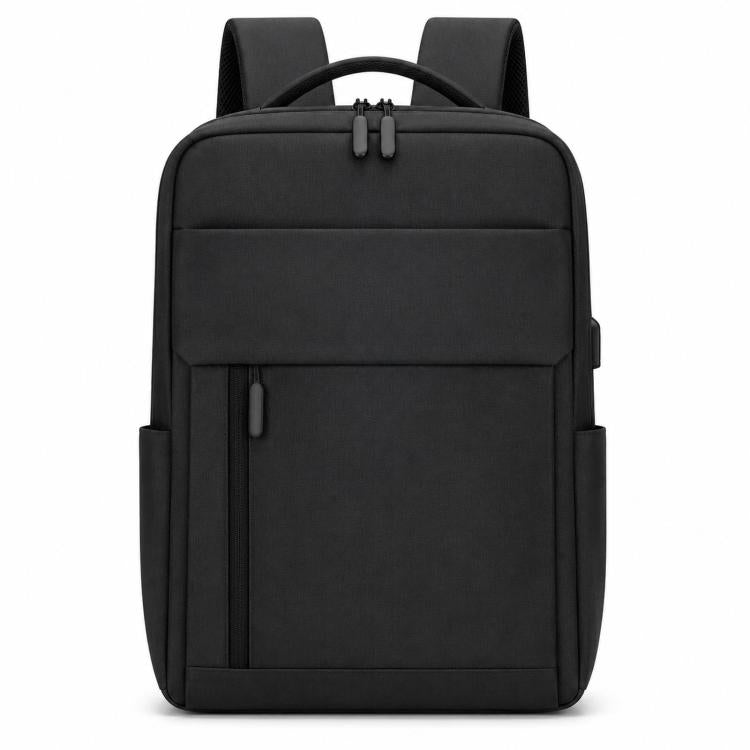Black laptop backpack with padded front panel and zippered front pocket
