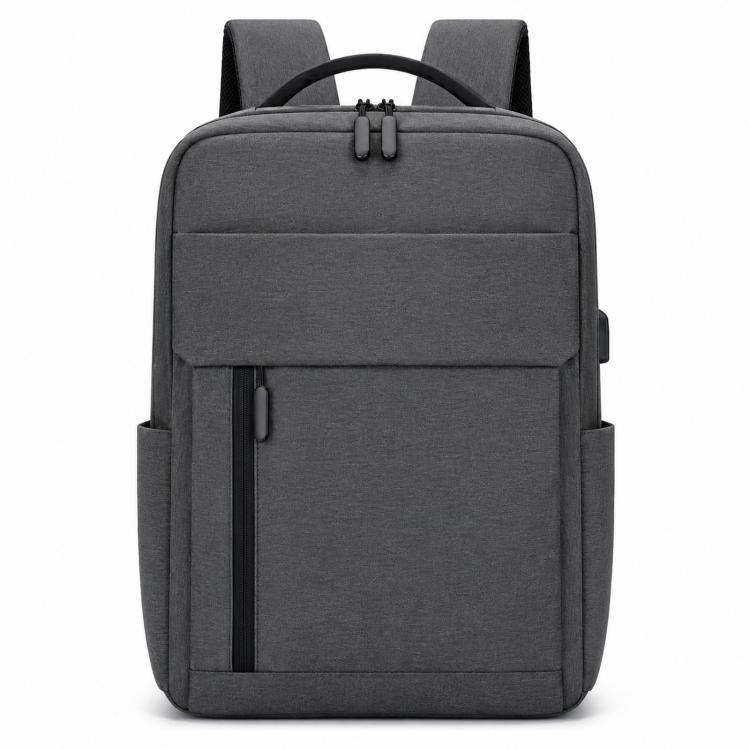 Dark gray laptop backpack with padded front panel and zippered front pocket