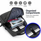 Gray laptop backpack open to organized compartments with document and tablet space