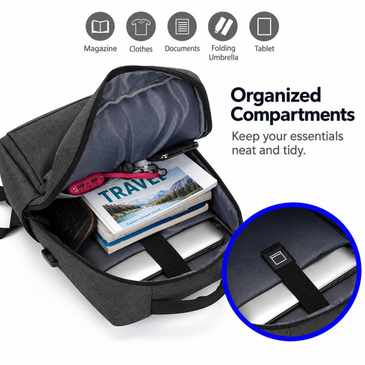 Gray laptop backpack open to organized compartments with document and tablet space