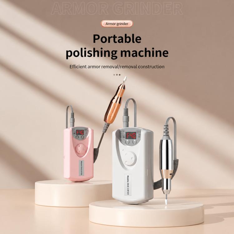 Portable nail polishing machines in pink and white with metal drill handpieces on stands