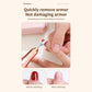 Nail drill being used on a fingernail with close-up before-and-after panels