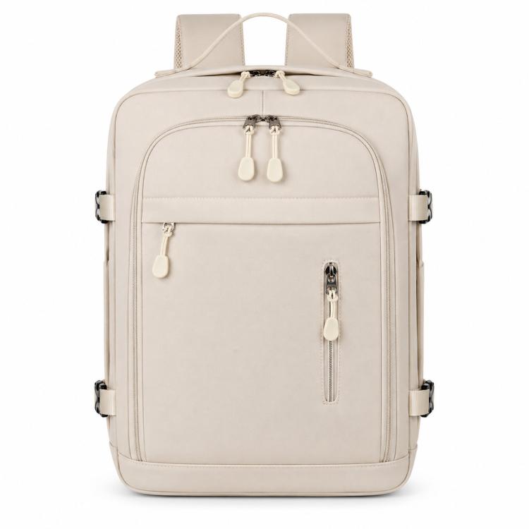 Beige travel backpack with front zip pockets, side straps, and top handle