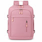Pink travel backpack with front zip pockets, side straps, and top carry handle